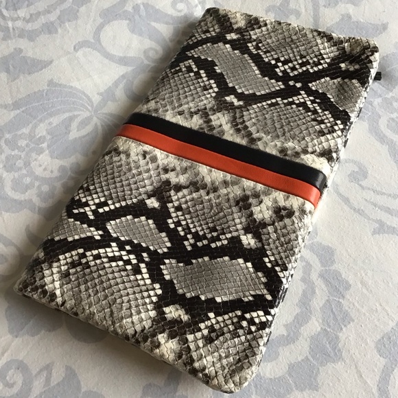 Clare V. Los Angeles Leather Foldover Python, Black & Poppy Clutch - Picture 4 of 12